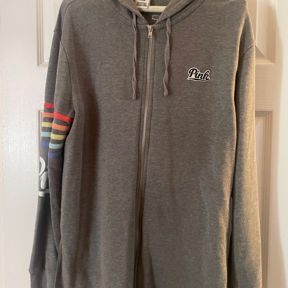 Victoria's Secret Gray Zip Up Sweater with Rainbow Accents